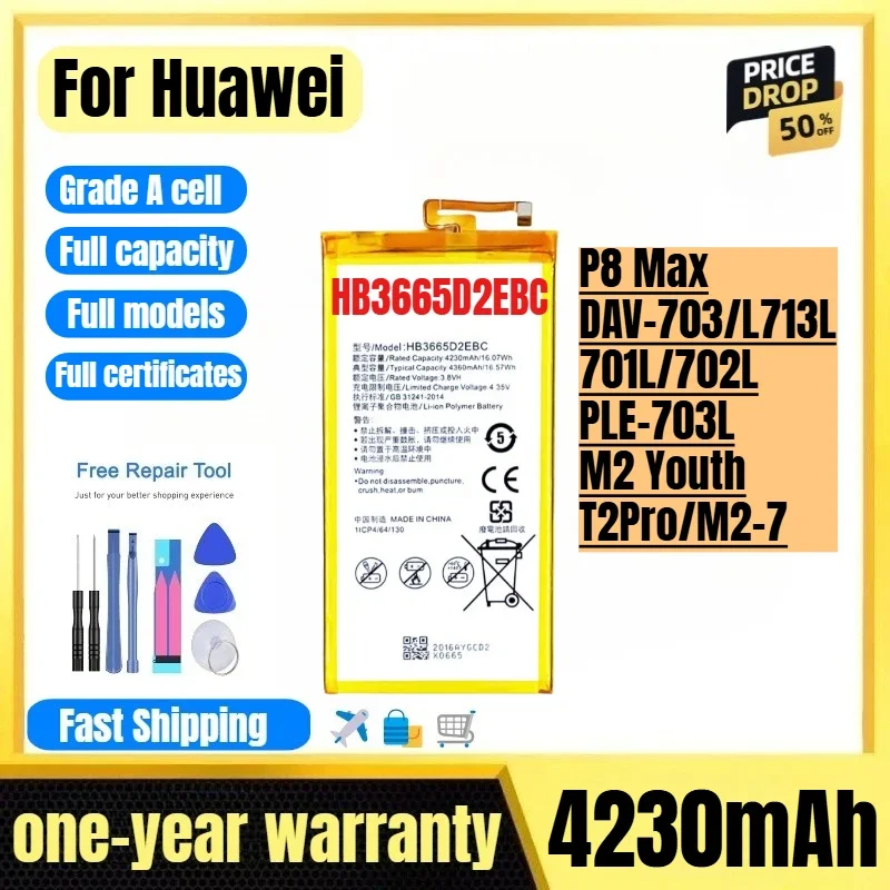 HB3665D2EBC for Huawei P8 Max/DAV-703/L713L/701L/702L/PLE-703L/M2 Youth/T2Pro/M2-7 Phone Battery Replacement Bateria with Tools