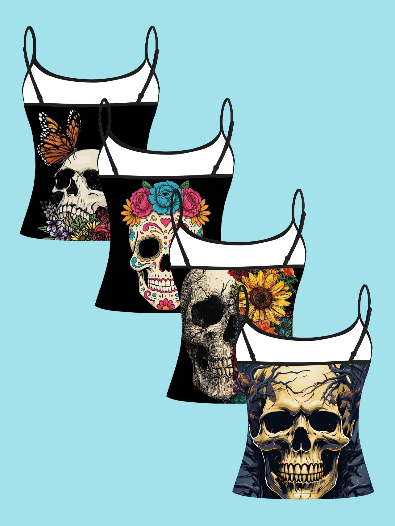 4-Piece Set of Mexican Day of the Dead Painted Skull Women's Camisole Tops with Butterfly, Sunflower, Floral Vine, and Skull Prints, Slim-Fit Spaghetti Strap Short Camisole Tops
