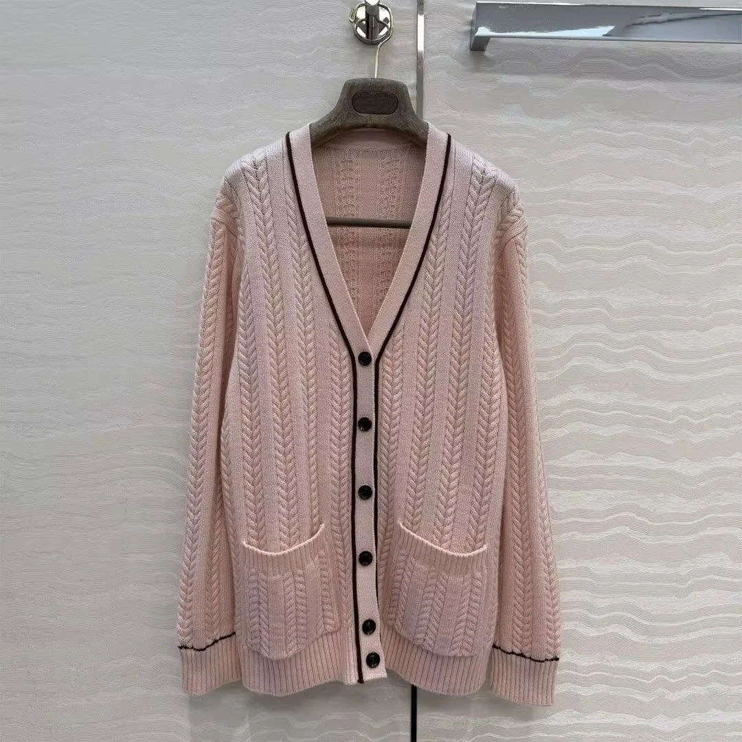 Luxury Fall Winter Cashmere Wool Knit Cardigans Women V-neck Crochet Twist Stripe Line Single Breasted Vintage Loose Sweater