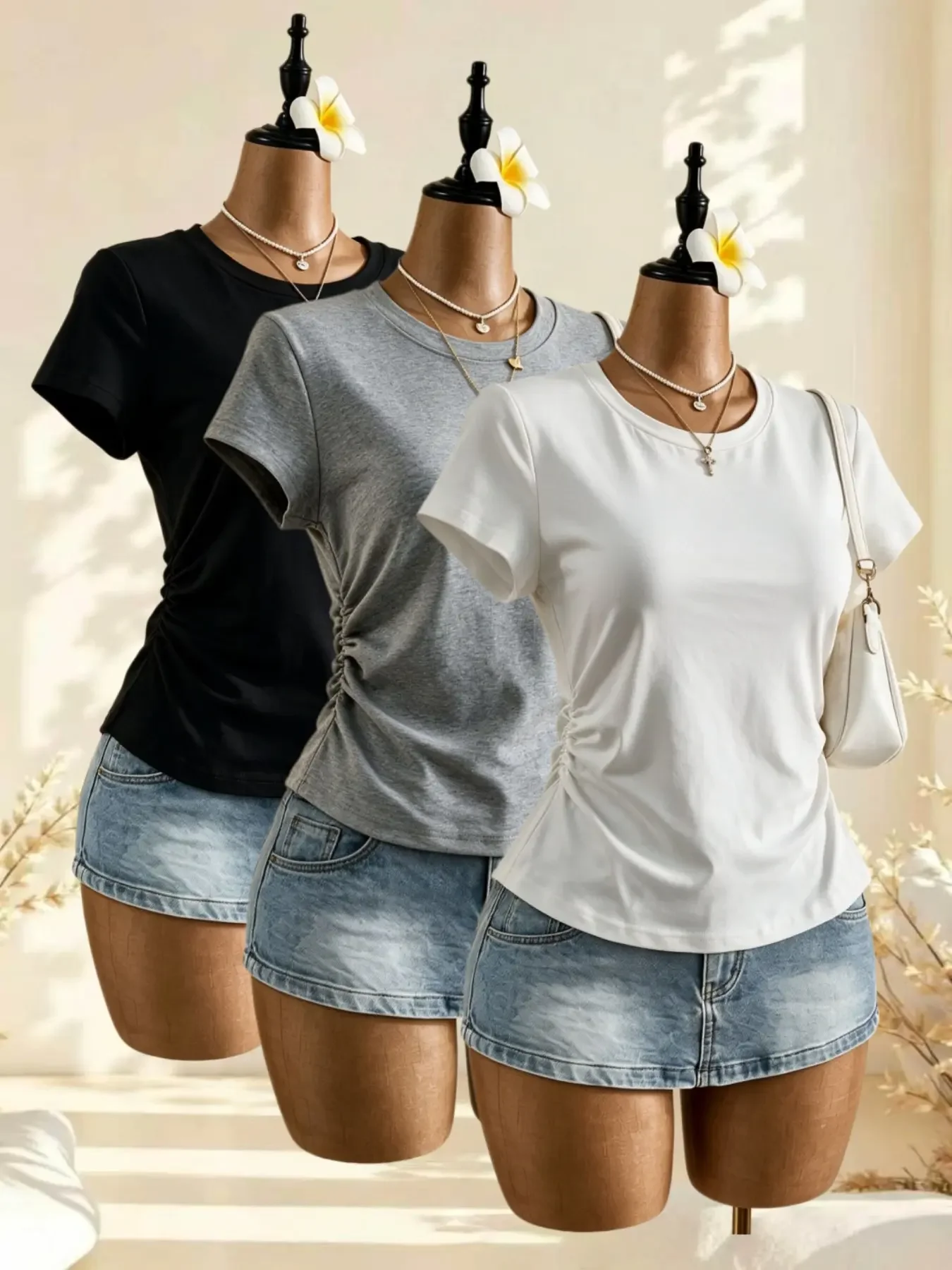 3Pcs Women Round Neck Short Sleeve T-Shirt Side Ruched Curved Hem Slim Fit Basic Tee Multicolor Casual Daily Streetwear Tops Set