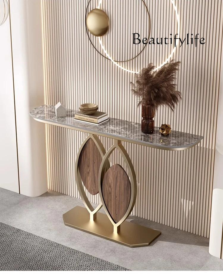 

Italian rock slab creative entrance platform, light luxury minimalist style cabinet against the wall, semi-circular end view tab