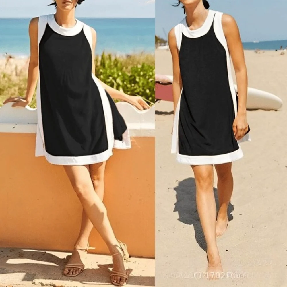 Two Piece Set Woemns Summer Cotton Thick Casual Color Blocked Round Neck Sleeveless Top and Shorts
