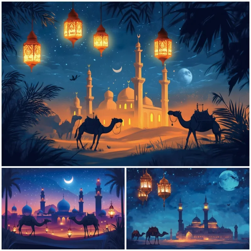 Eid Mubarak Backdrop For Photography Gold Moon Aladdin Moroccan Night Ramadan Muslim Festival Party Decor Background Photocall