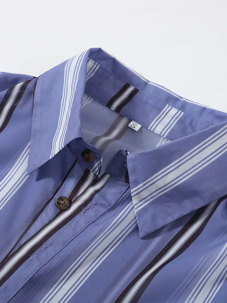 Gestreiftes, durchsichtiges Revers-Langarmhemd mit Hose für Damen – Sexy Bluse mit unregelmäßigem Saum und ausgestellter Hose – Schickes Damen-Set – Detail 21