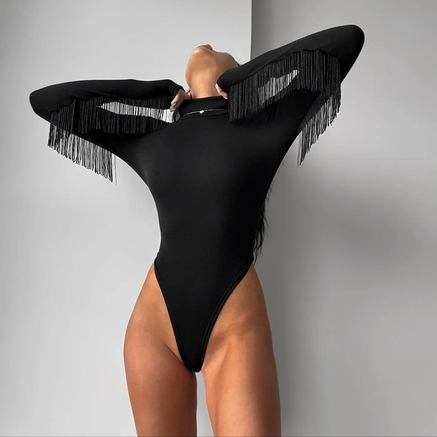 

DSMTRC Women Autumn Spring Fashion Elegant Tassel Black Body Tops Party Clubwear Sexy Slim Turtleneck Long Sleeve Bodysuits 2026
