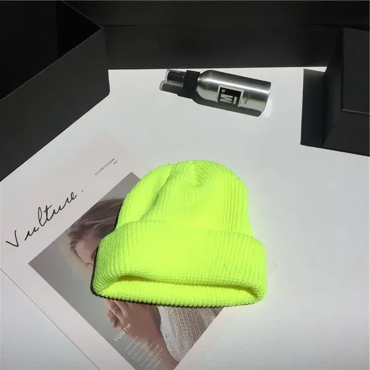 Men Women Winter Autumn Solid Color Warm Woolen Knitted Cap Fluorescent Cuffed Beanie Hat Female Caps Warmer Bonnet Casual Cap