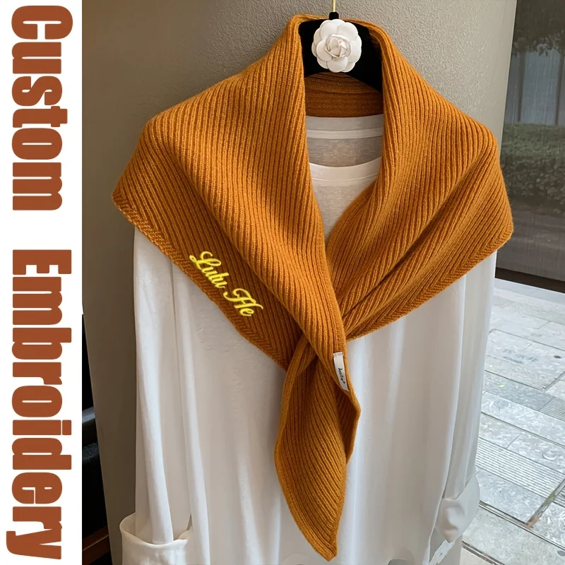 Knitted texture triangular scarf shawl for warmth, solid color outer cloak Custom order, please indicate font and text