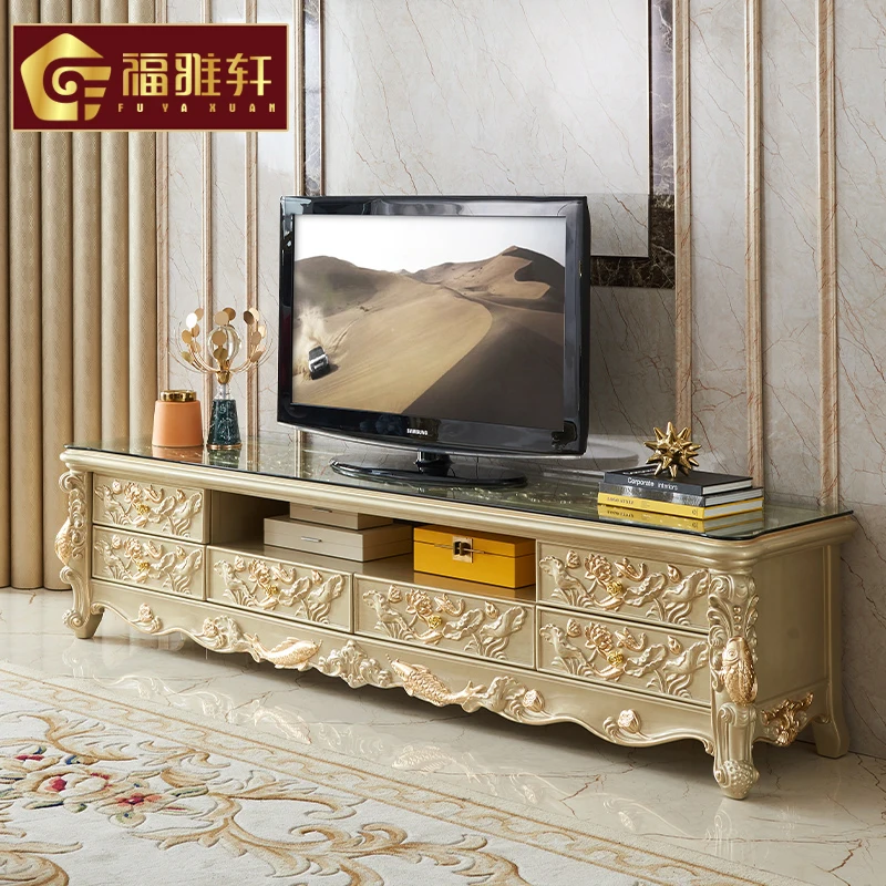 

European TV cabinet, champagne solid wood carved floor cabinet desktop carved tempered glass carp 2.2 meters TV cabinet