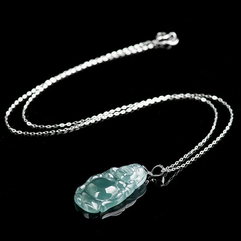 Natural A- Level Blue Water Standing BuddhaStone S925 Silver Inlay Women's Jade Pendant Fashion Pe