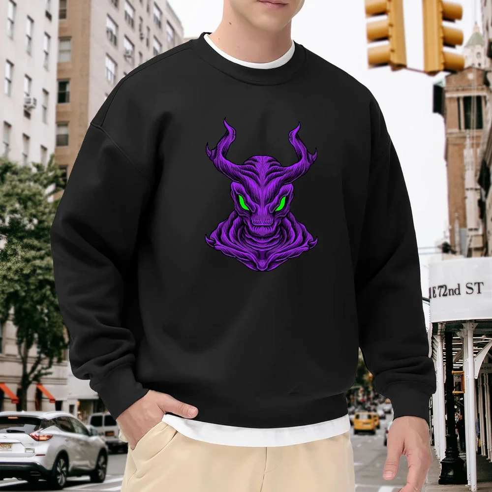 

Men's Black Crew Neck Loose Sweatshirt with Unique Purple Devil Head Print, Street Fashion Casual Top, Versatile and Comfortable for Everyday Wear