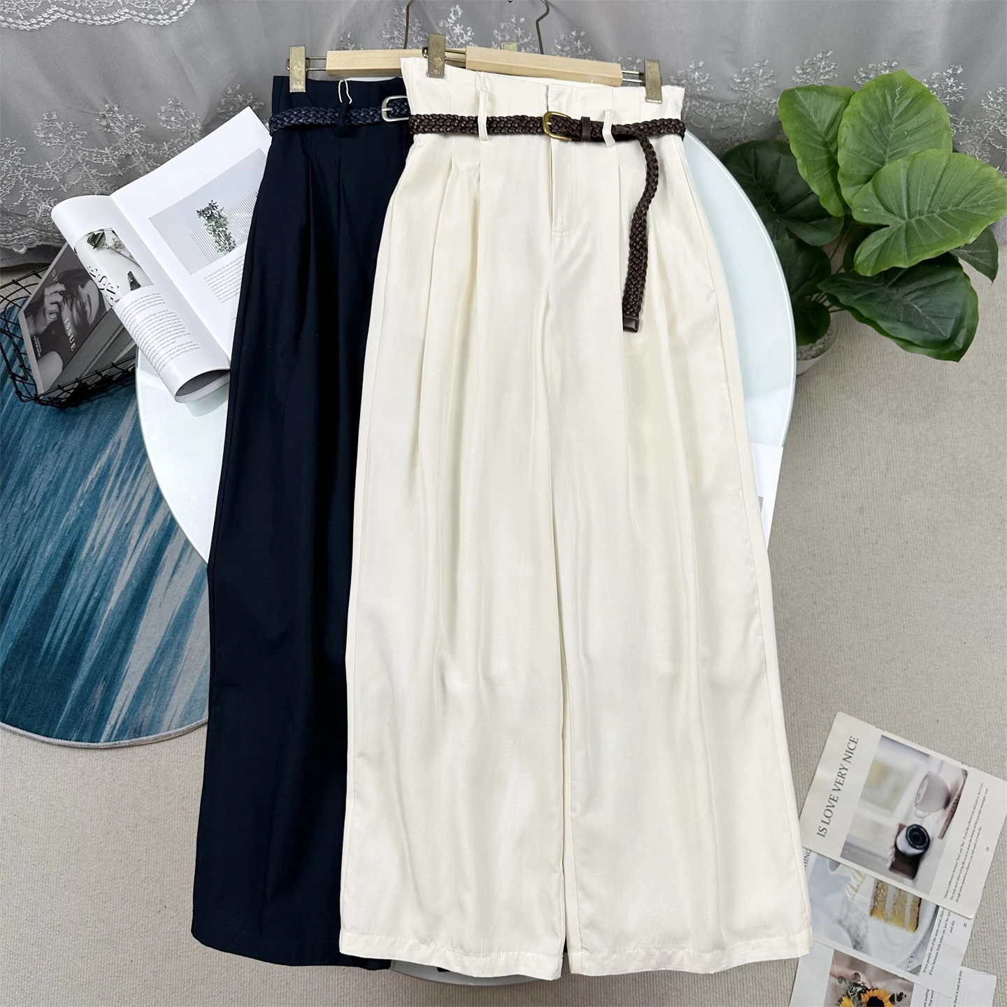 

Linen Wide Leg Pants Women's High Waist Belt Design Simple Casual Loose Straight Cut Trousers Summer Fashion plus Size