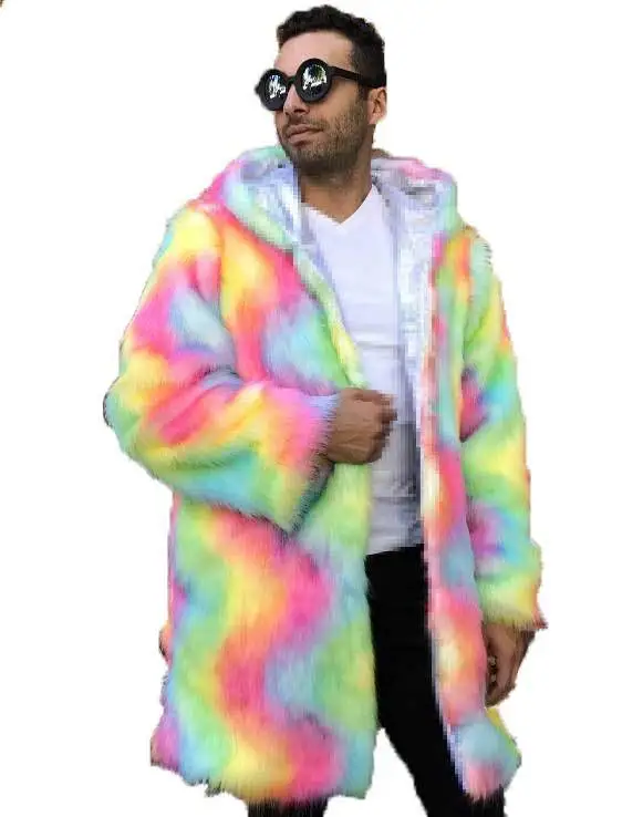 2021 New Colorful Men's and Women's Long Hooded Imitation Fur Coat Colored Fox Fur Thickened Fur Integrated Coat