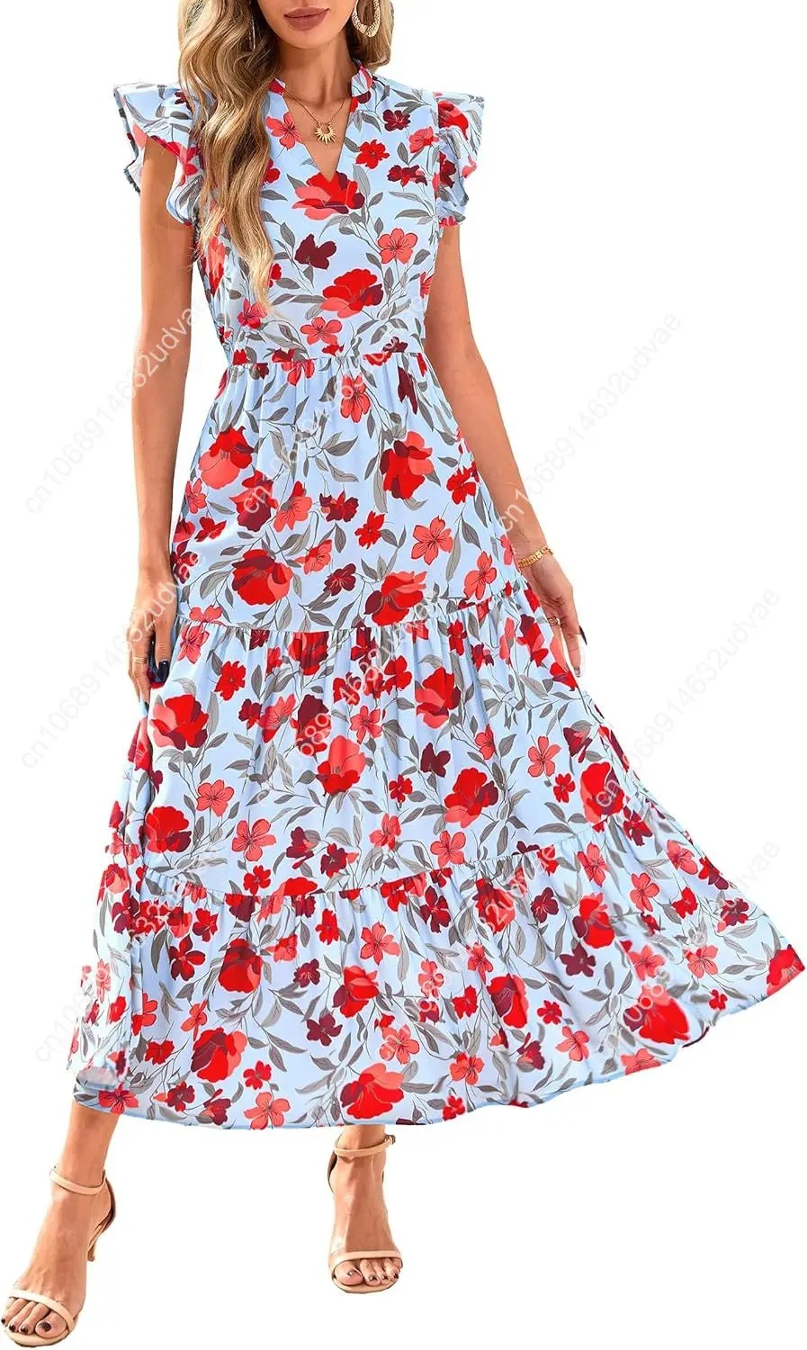 

Women's 2025 Summer Floral Midi Dress Cap Sleeve V Neck Ruffle Long Flowy Boho Casual Beach Vacation Dresses