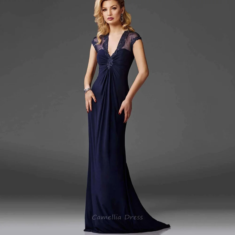 Customized Mother of the Bride Dress V Neck Wedding Guest Gown Vintage Lace Cap Sleeve Evening robe mother of bride