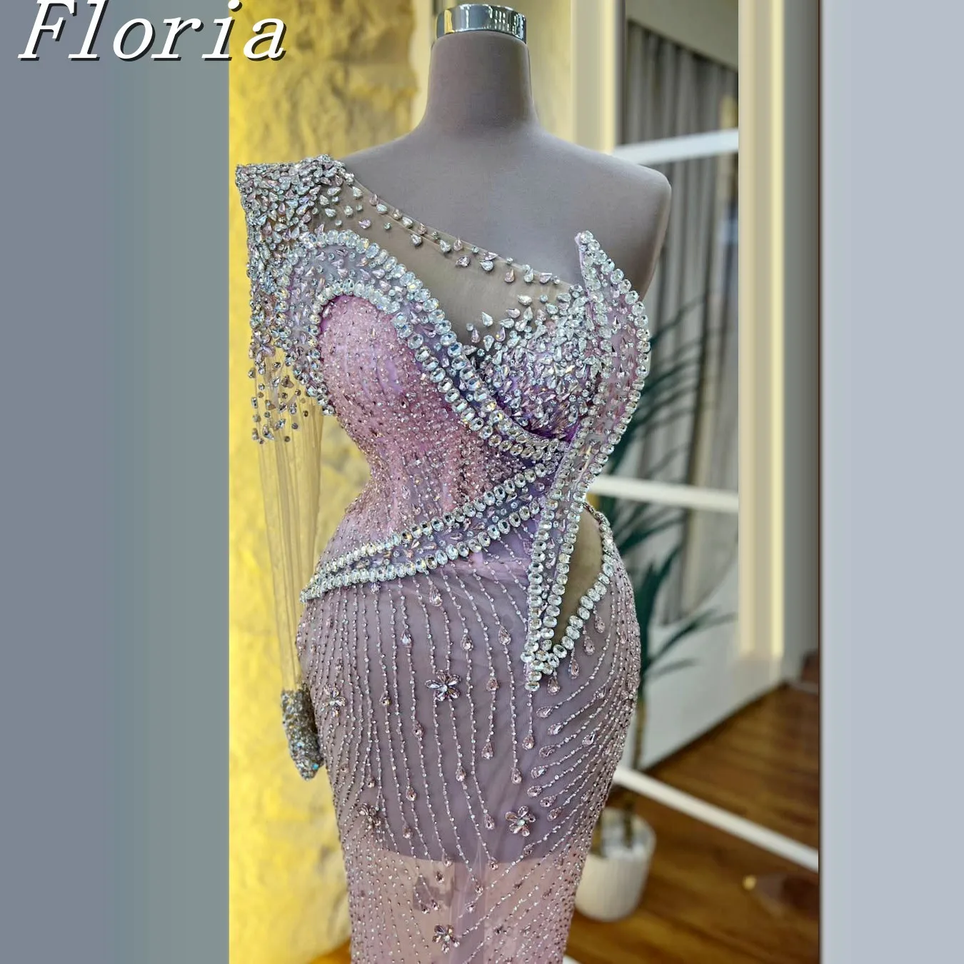 

Elegant Pink Crystal Beaded Mermaid Evening Dress One Shoulder Lace Floor Length Customized Prom Dress for Femme 2025
