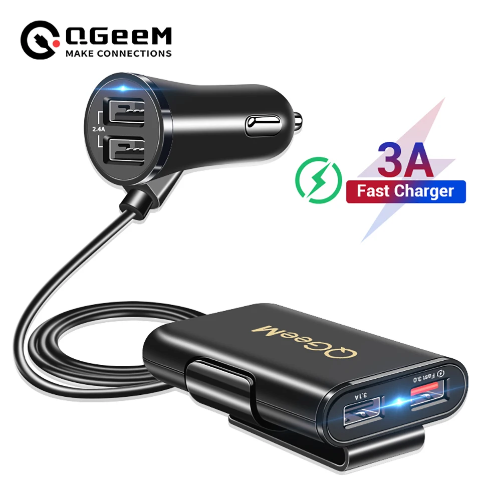 QGEEM 4 USB QC 3.0 Car Charger Quick Charge 3.0 Phone Car Fast Front Back Charger Adapter Car Portable Charger Plug for iPhone