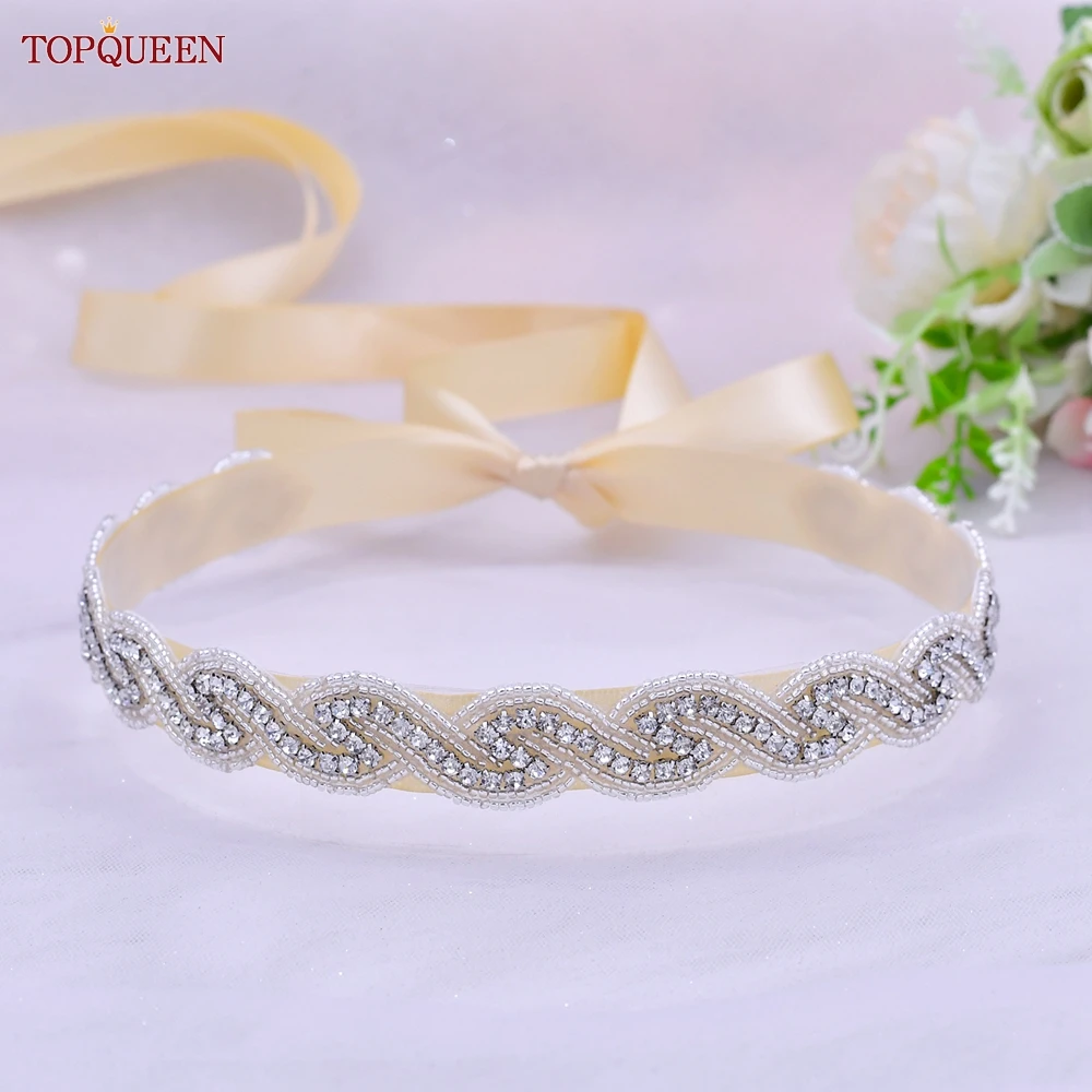 TOPQUEEN S62 Bridal Belt 2022 새로운 크리스탈 골치 아픈 건 새시 드레스 라인 석 아플리케 수제 여성 거들 웨딩 액세서리