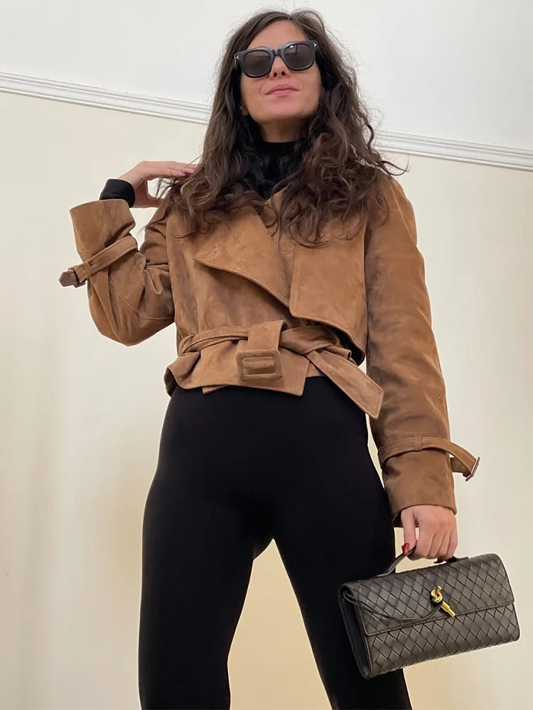 Jaket Pendek Wanita Trendix Musim Gugur Warna Cokelat Suede, Cardigan Kasual Modis dengan Patchwork dan Ikat Pinggang, Mantel Pendek Vintage untuk Aktivitas Jalanan dan Kerja
