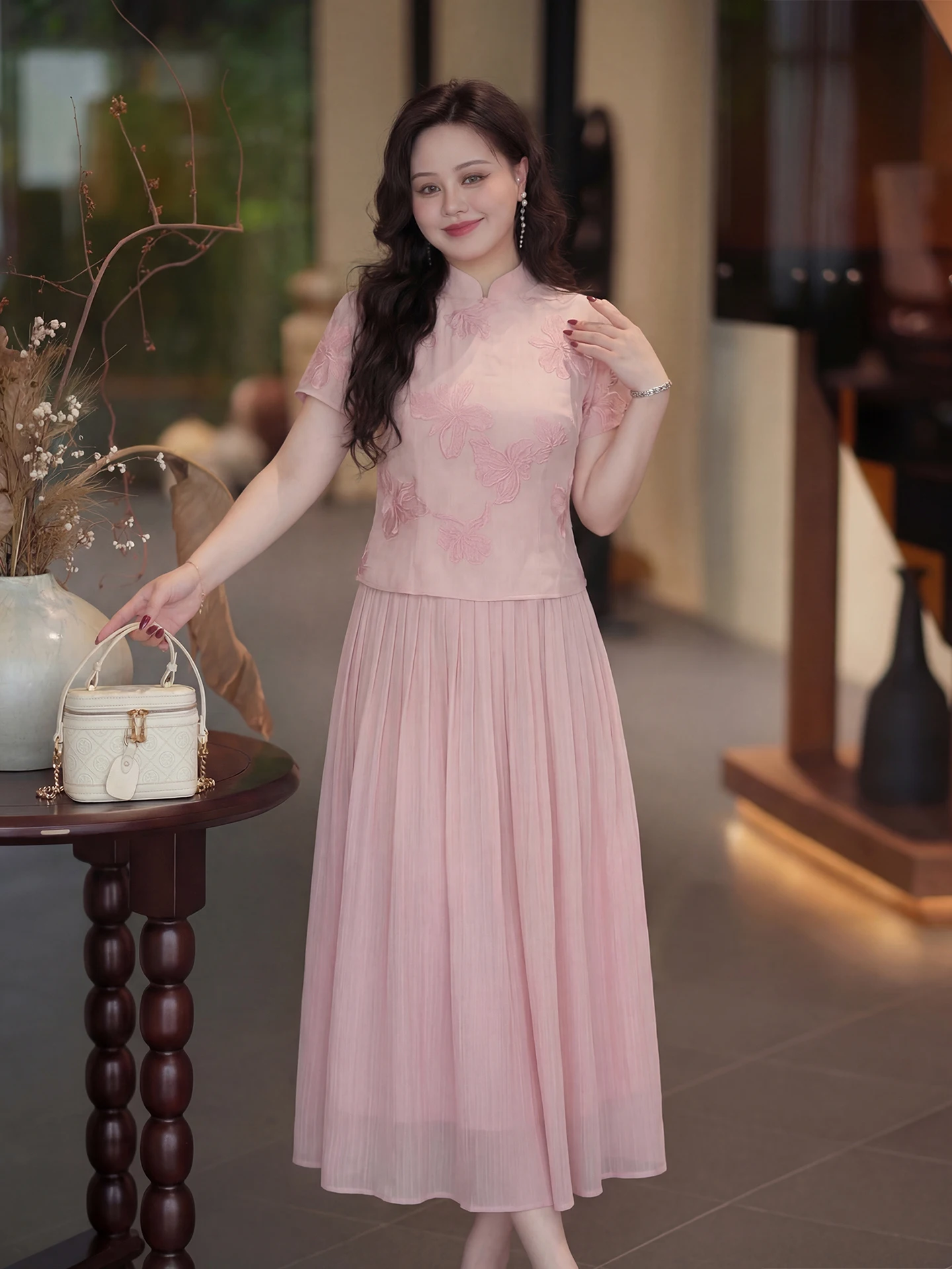 

New Chinese Style plus Size Dress High Waist A-Line Skirt Breathable Polyester Fiber Short Sleeve Long Dress Summer Wear