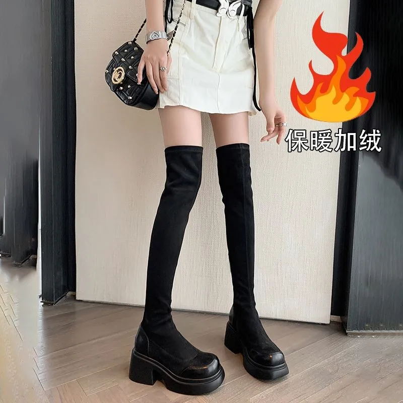 

Winter New Large-size Korean Version Fashion Suede Knee-length Boots Women's Thick-soled High-length Skinny Boots Plush 2026