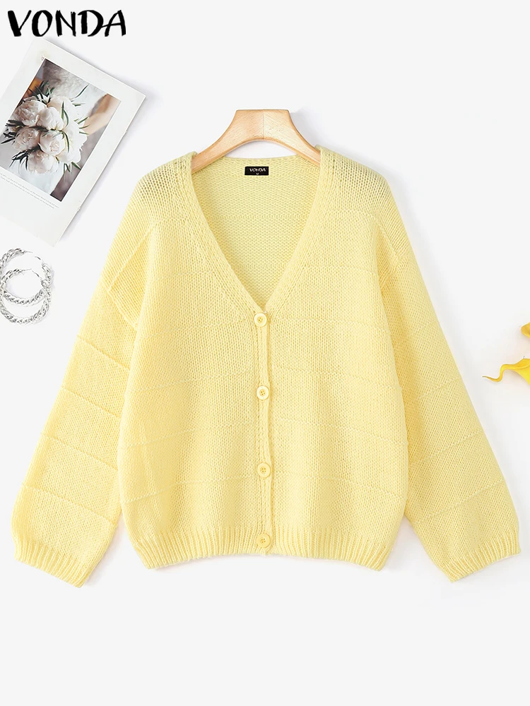 

VONDA Women Fashion Sweaters Cardigan 2025 Autumn Long Sleeve V-Neck Knitted Tops Casual Loose Solid Knitwear Jumpers Lady Coats