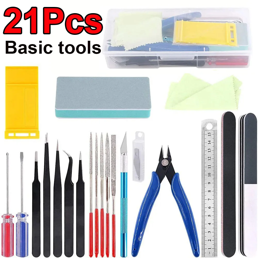 21 stks/set Model Gereedschap Kit DIY Professionele Hobby Building Tool Kit Modeler Basic Gereedschap Tangen Schuurpapier Pen-Mes Model Basic