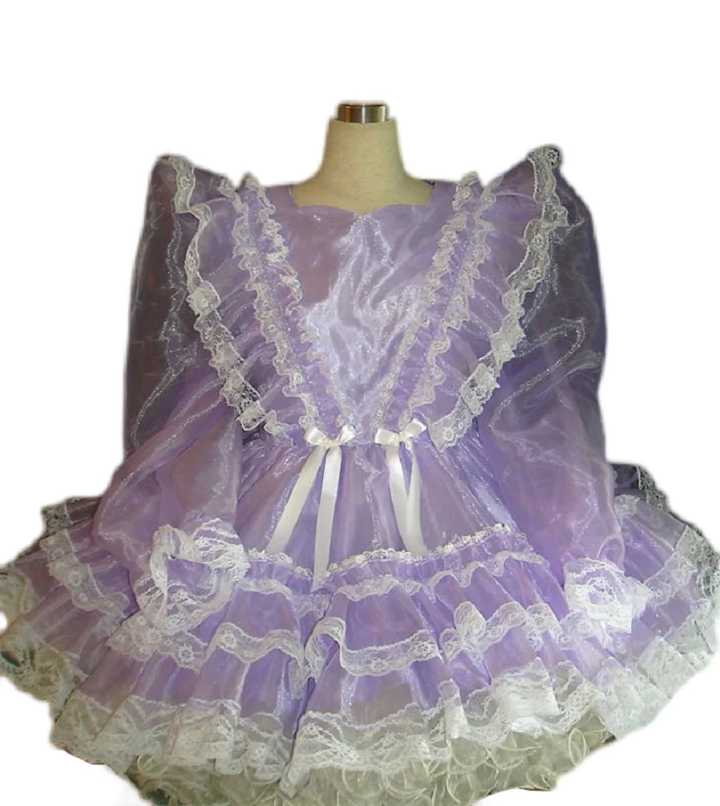 

New Sissy Lockable Sexy Purple Organza Long Sleeve Multi-layer Lace Ruffle Dress Maid Costume Customization