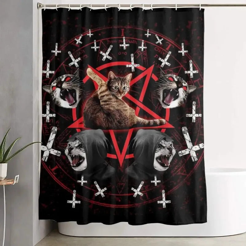 Satanic Cat Pentagram Death Black Metal Shower Curtain Waterproof Durable Bathroom Curtains with 12 Hooks