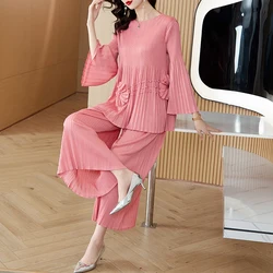 Pleated Long Sleeve T-shirt Wide Leg Pants Two Piece Set 2023New Women's O-Neck Loose Large Beaded Slim Elastic Pants Set