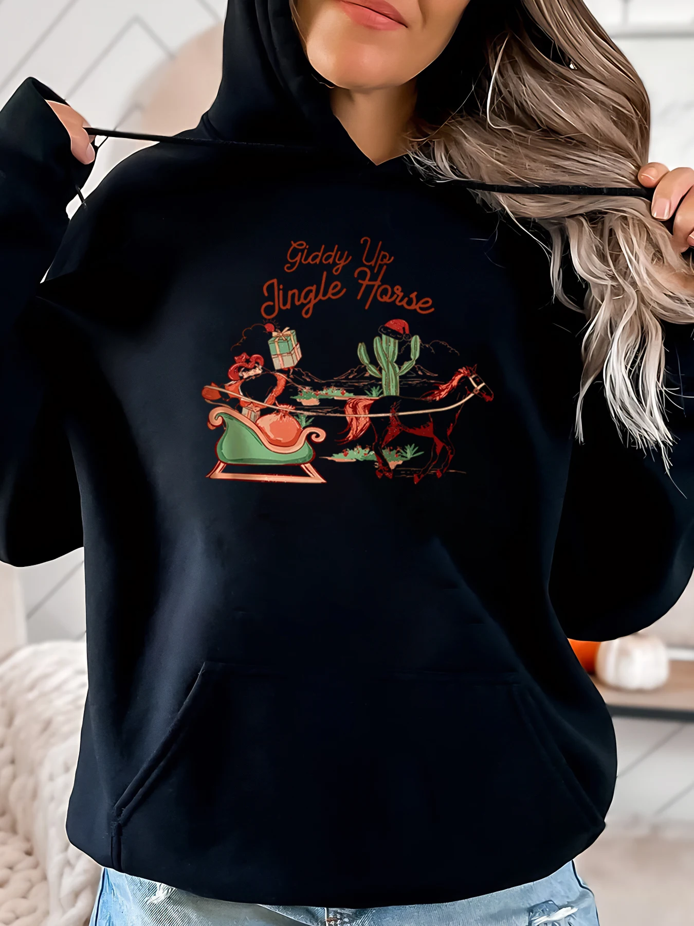 

Giddy up Jingle Horse Рождественская праздничная толстовка с капюшоном для женщин Повседневная одежда черного цвета больших размеров