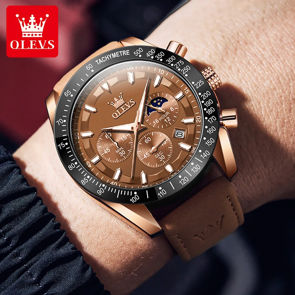 OLEVS Luxury Quartz Men Sport Watch Multi-Function Waterproof Luminous Chronograph Fashion Brown Leather Strap Men Wristwatch