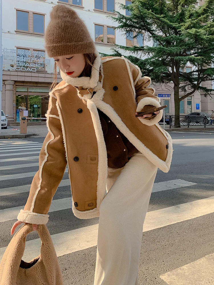 Lapel Aesthetic Long Sleeve Padded Jackets Women y2k Style Wool-lined Winter Warm Loose Cardigan Coat Windproof Coat