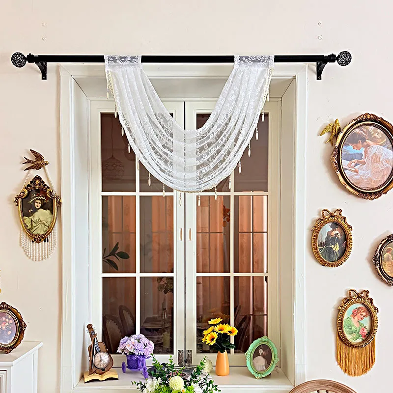 1PC Elegant Off-White Hollow Mirror Floral Lace Swag Valance with Dangling Bead Decor