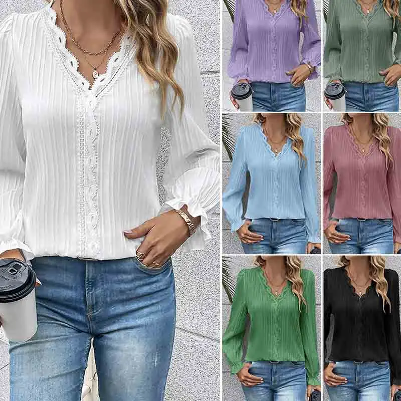 

Office Lady Blouses Elegant White Shirts Spring Autumn Long Sleeved V-neck Lace Tops Cut-out Blouse for Women 2024 New Clothing