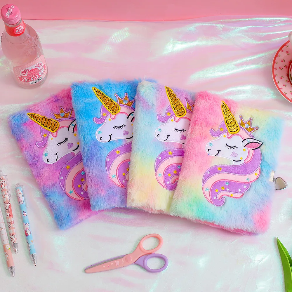 Children\'s Plush Unicorn Cartoon Notebook Lockable Diary Book Girl Student Kindergarten Gift Stationery Supplie