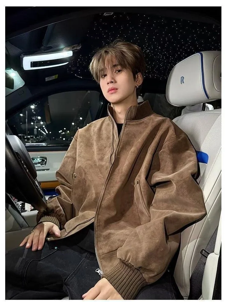 

American Sle Casual PU Leather Jaet Couple's Patchwork Loose Fit Spring Autumn Men's Baseball Coat Windproof Zipper