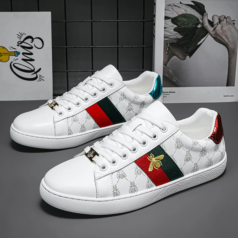 

2025 New Easiest for Match Genuine Leather White Shoes Men's Shoes Breathable Little Bee Embroidered Casual Sneakers Low-Top Sho