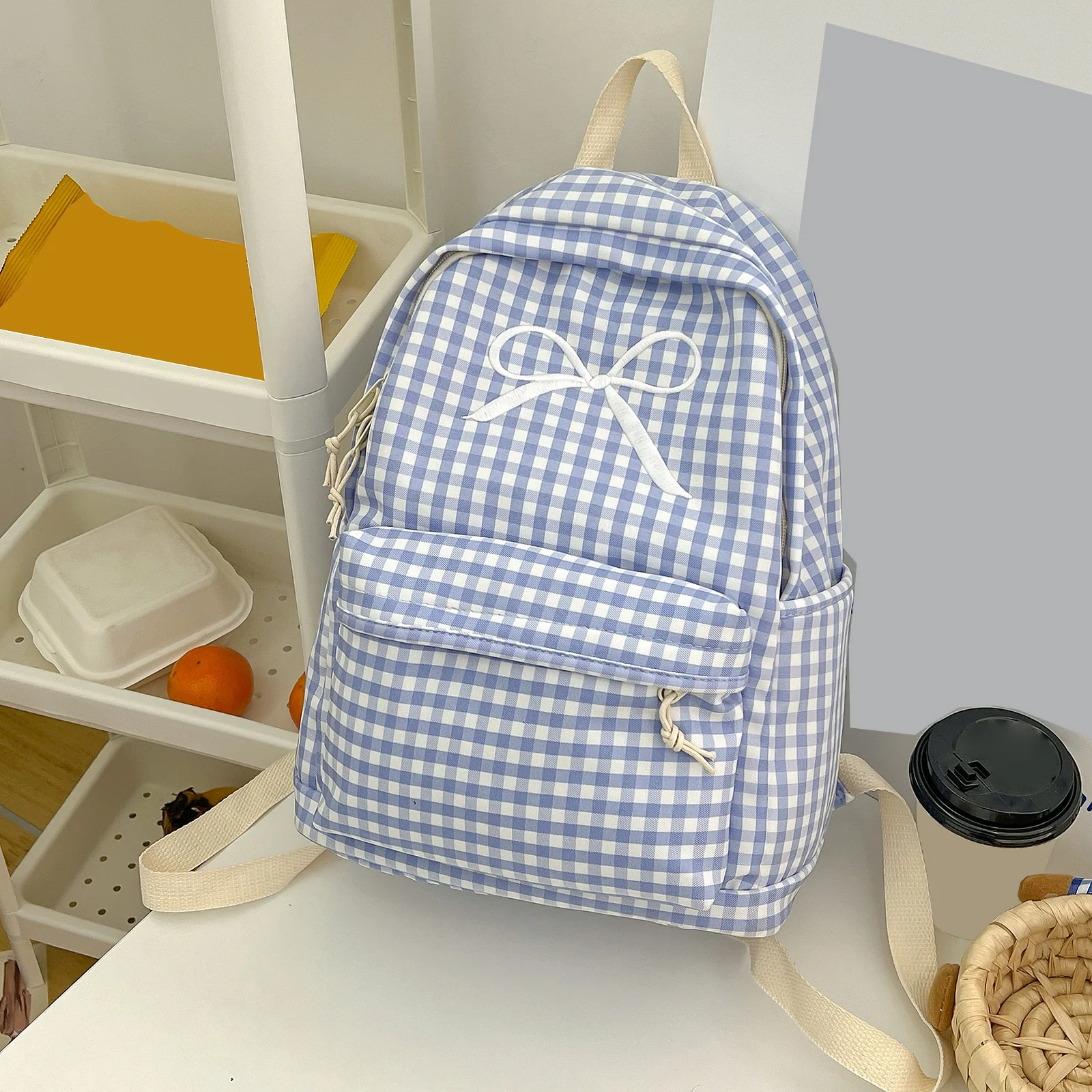 Soft Nylon Preppy Knapsack Large Capacity Casual Travel Bag Multi-Pockets Grid Pattern Bowknot Travel Bag Commute Work Backpacks