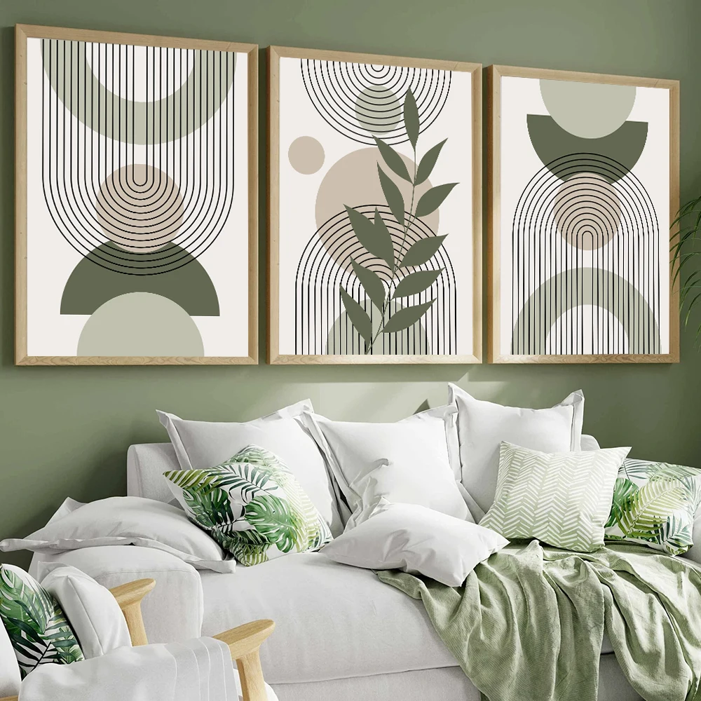 

3PCS Bohemian style wall art green sage decorative wood frame modern bohemian abstract geometric canvas print to hang in bedroom