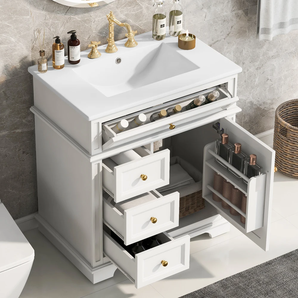 

30"Bathroom Vanity with Sink,30"Vanity with Sink for Bathroom with One Tip-Out Drawer,Three Drawers,Door Shelf,Soft Closing Door