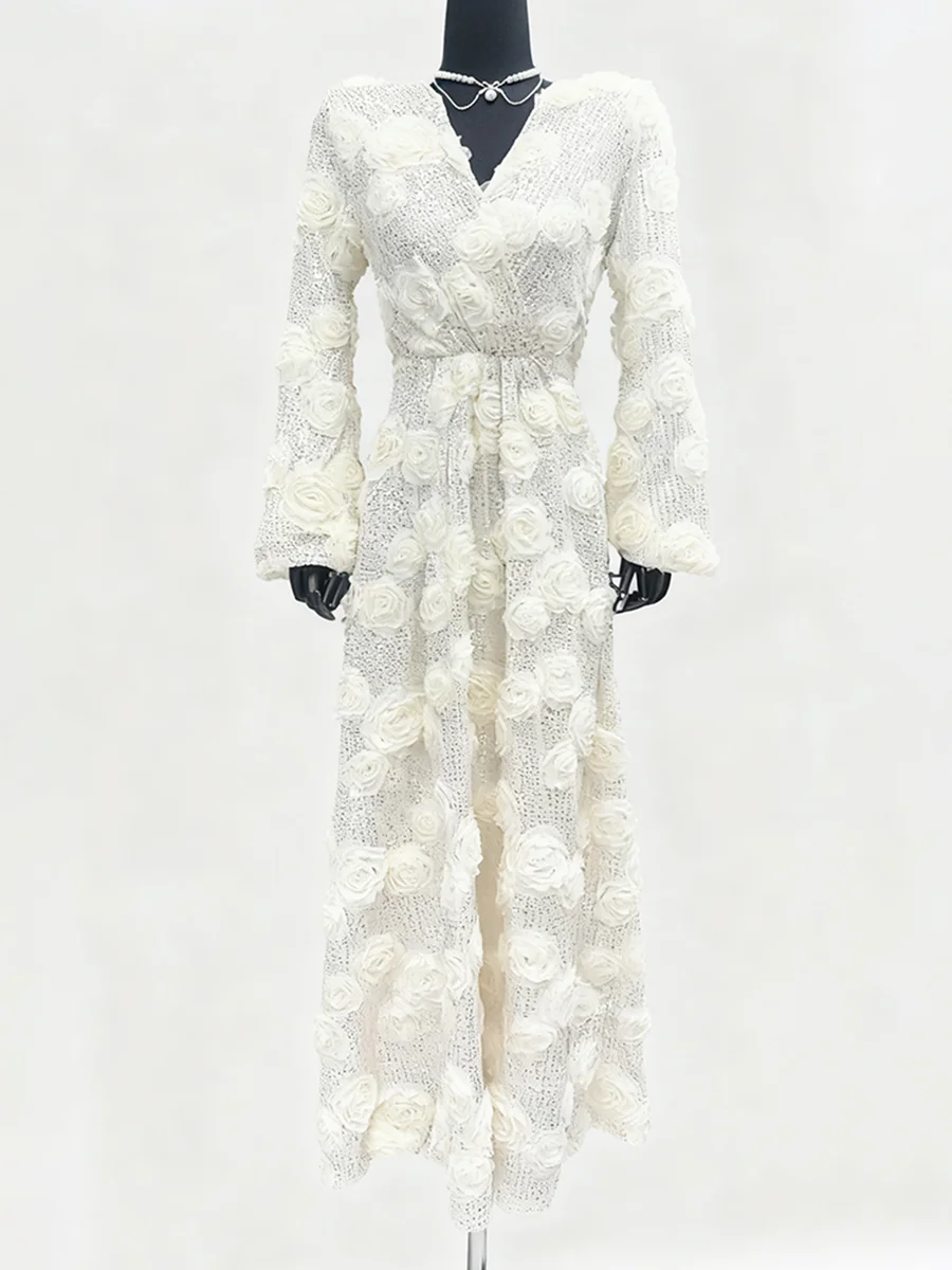 VGH فستان وردي ثلاثي الأبعاد مثير للنساء بياقة على شكل V وأكمام طويلة مرقع ترتر للتخسيس والحفلات المسائية فساتين طويلة موضة نسائية