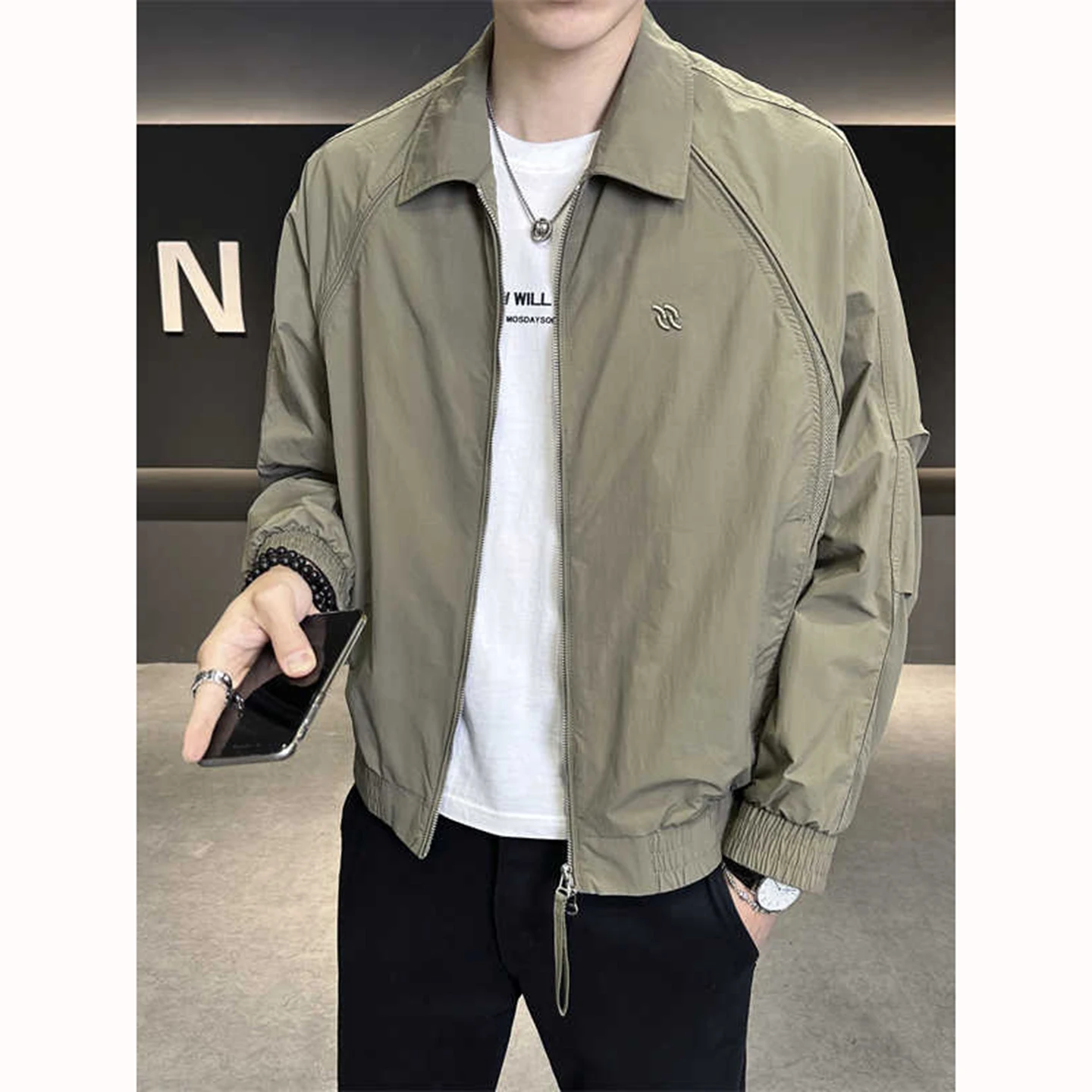 

Casual Men's Collared Jaet 2025 New Sle Spring Autumn Loose Fit Pure Color Iron Resistant Polyester Fiber Long Sve Zipper