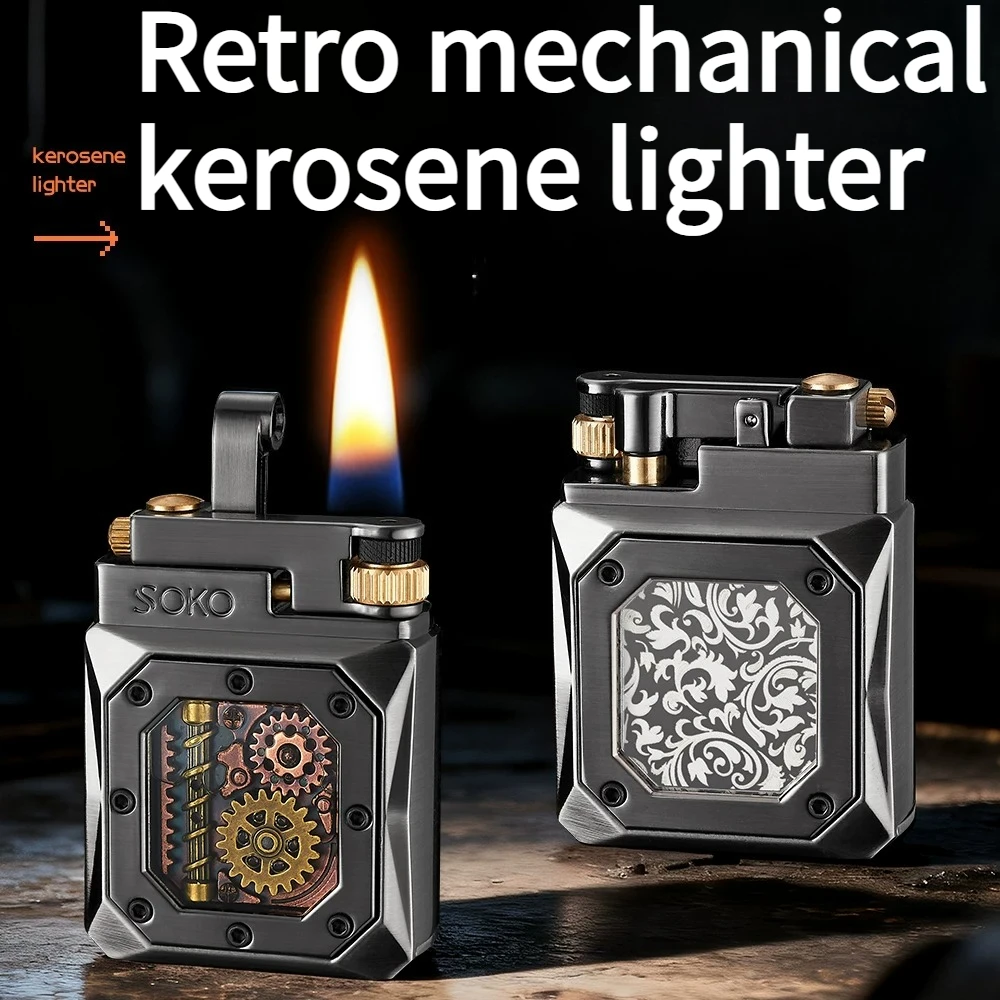 

Creative Retro Mechanical Alloy Bright Flame Lighter with Visible Oil Tank Gift for Boyfriend Cigarette Accessories