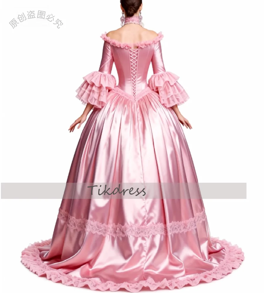 Marie Antoinette Rosa mittelalterliches Abendkleid mit Ärmeln, Rüschen, Spitze, viktorianisches Rokoko-Abschlussballkleid, elegantes Renaissance-Formalkleid