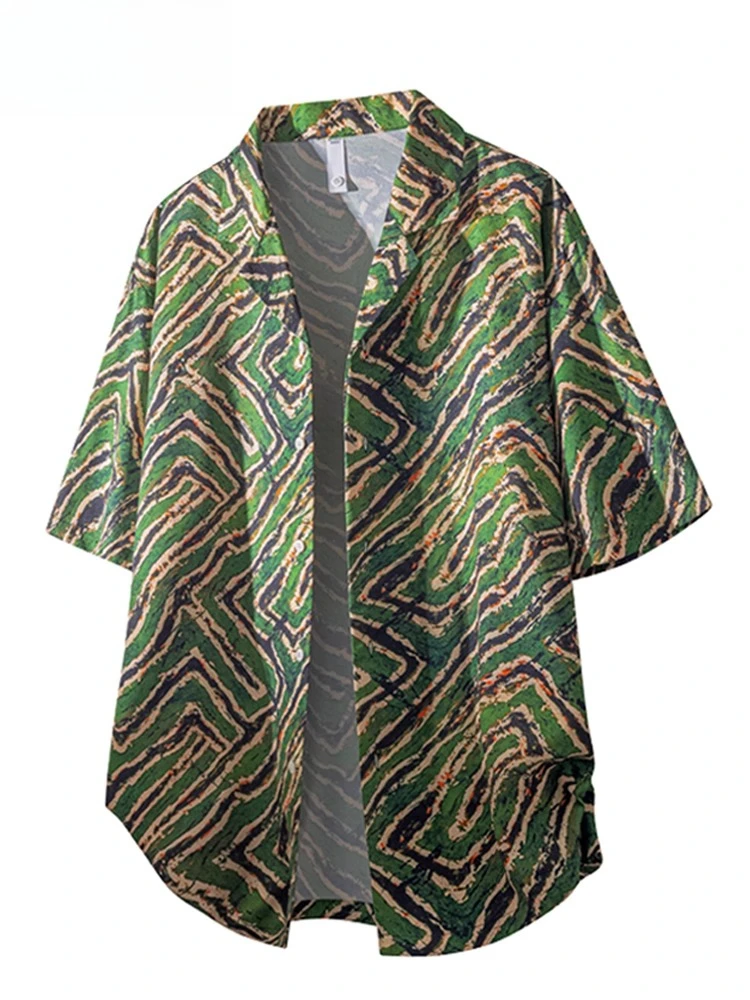 2025 Summer New Men's Beach Vacation Blue Purple Short Sleeve Shirt Trendy Couple Thin Loose Dark Green Khaki Shirt