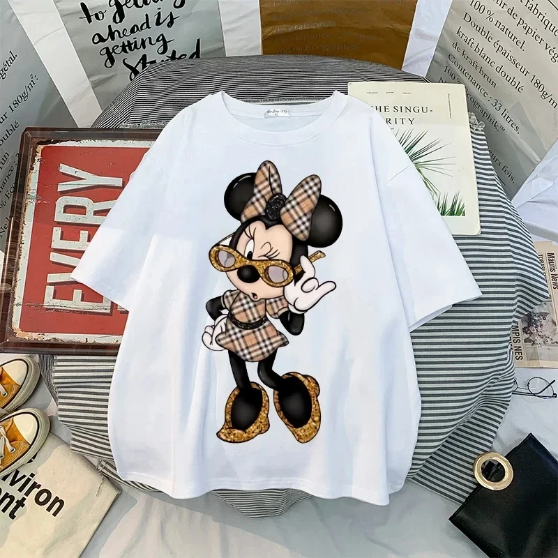 MINISO Kawaii Women T-shirts Fashion New 90s Vintage Family Cartoon Mickey Minnie Top Y2K Female Ulzzang Oversized T-shirt