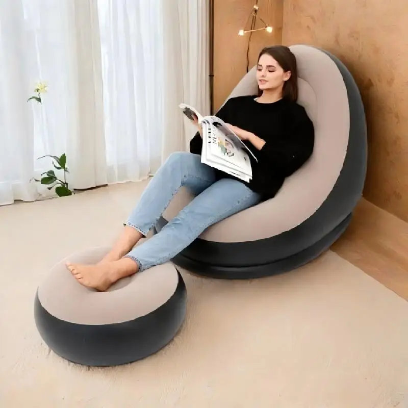 

Outdoor Inflatable Lazy Sofa Chair Foldable Recliner Set with Footrest Plush Flocked PVC Air Bed Couch for Camping Living Room
