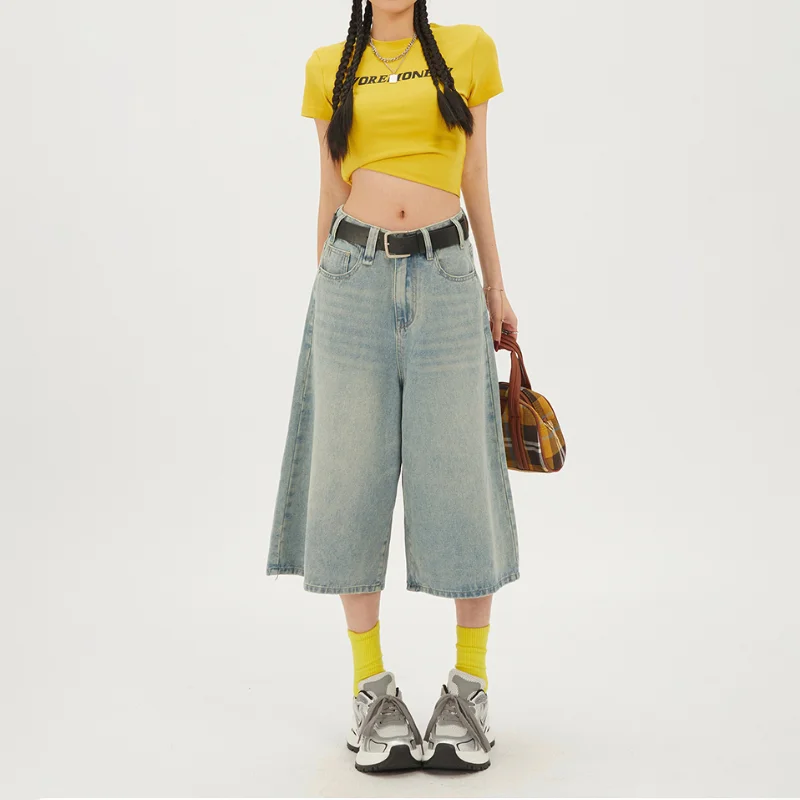 Niebieskie spodenki jeansowe damskie moda codzienna Harajuku Vintage wysokiej talii 2000S luźny krój Y2K Punk Streetwear styl luźne spodenki