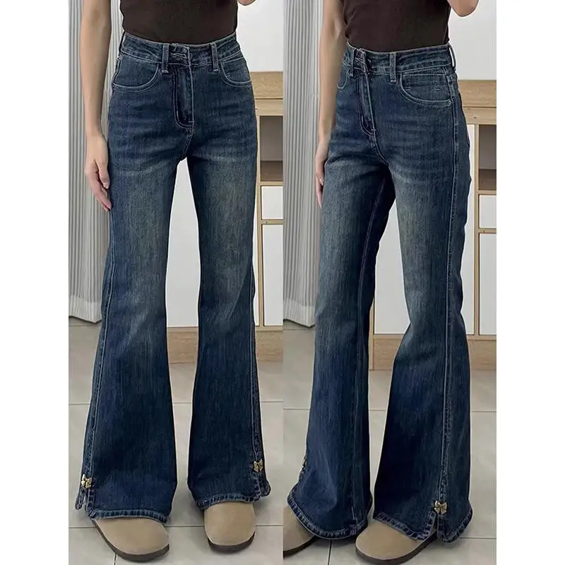 

Джинсы-колокольчики с высокой талией Street Sle, женские весенние новые утягивающие джинсы, модные джинсы-колокольчики, длинные брюки, без фирменных зарегистрированных...