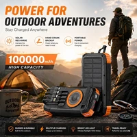 Batterie externe solaire 100000mAh, charge rapide sans fil, chargeur portable, câbles intégrés, lampe torche LED pour le camping, les voyages et les situations d'urgence 5